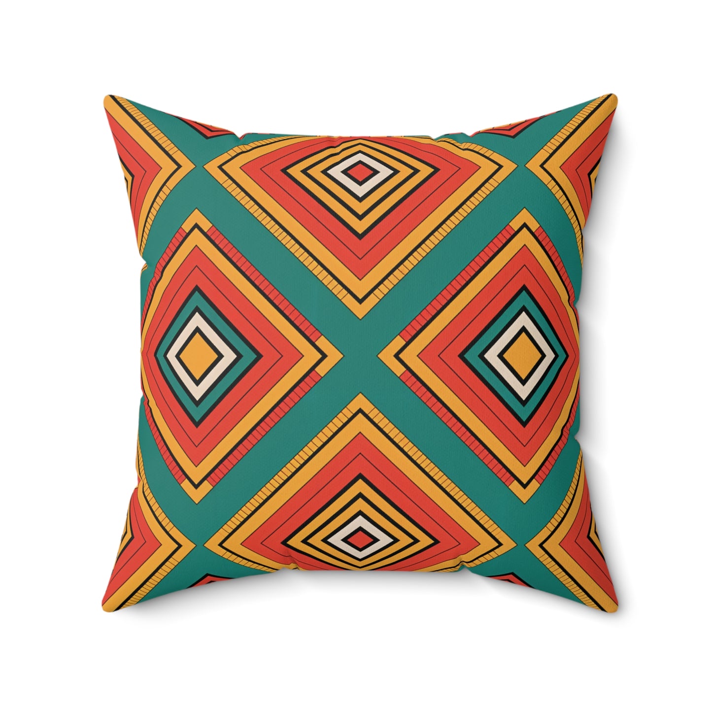 Square throw pillow with a bold geometric pattern, featuring large diamonds in red, orange, yellow, black, and teal. This African-inspired pillow brings vibrant patterns and layered symmetry to your home decor for a lively accent.