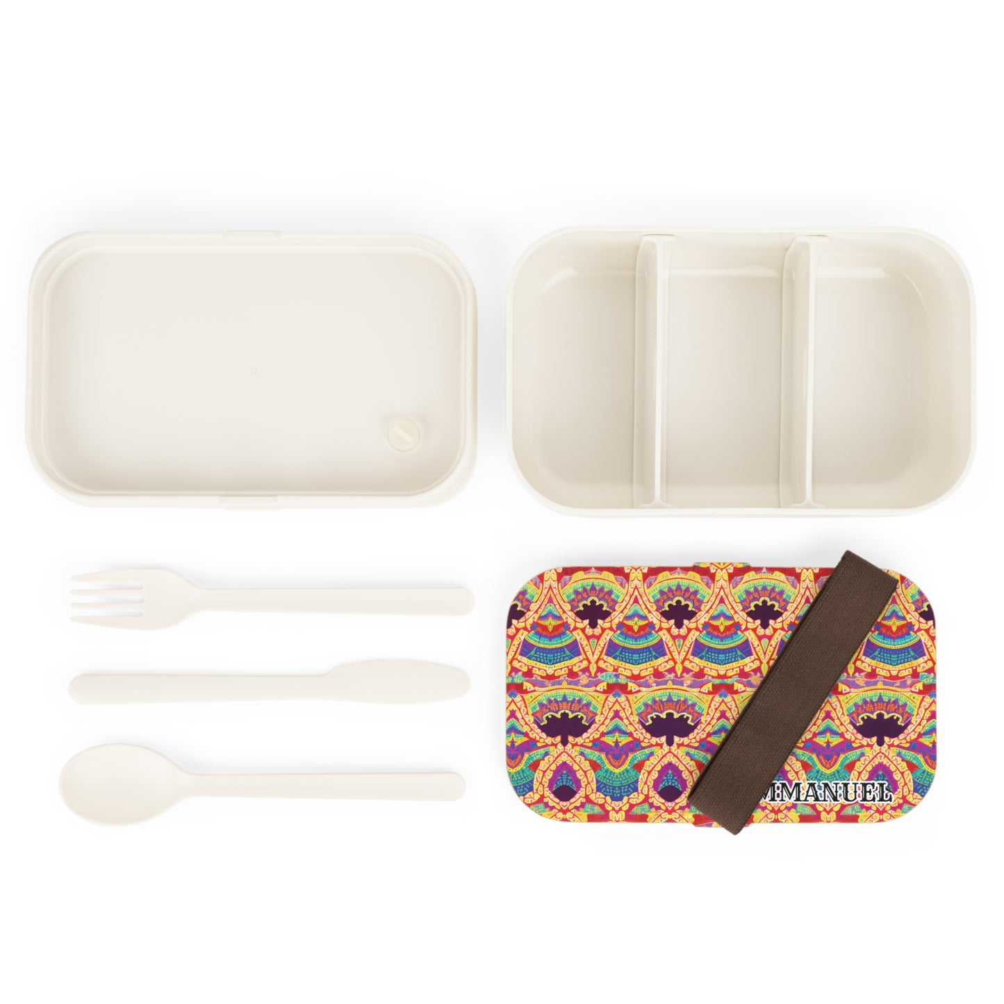 A personalized African-inspired bento lunch box with three compartments, BPA-free utensils, and a vibrant patterned lid. The name EMANUEL is printed in black. All items, including the brown elastic strap, are neatly arranged on a white background.
