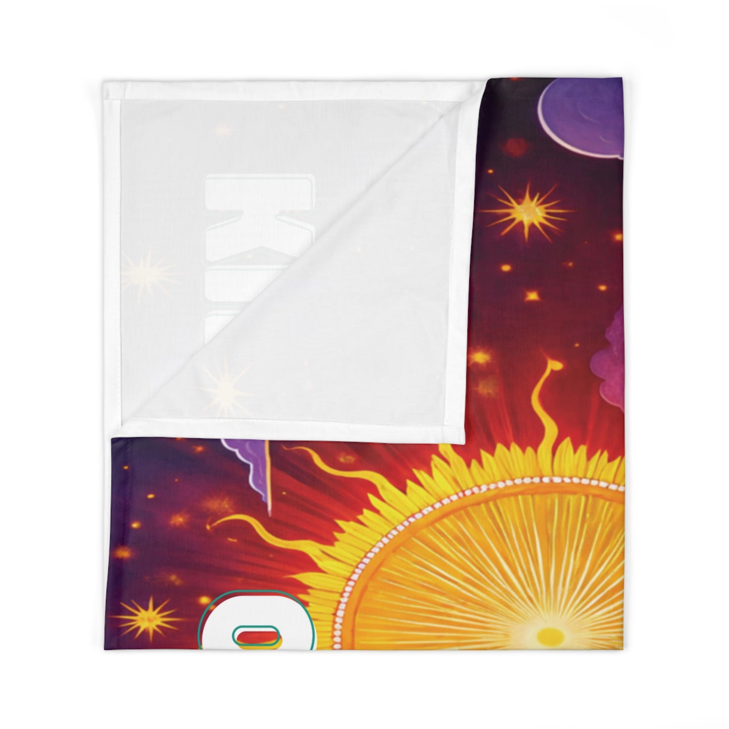 A colorful custom swaddle blanket with a vivid, African-inspired design of a bright yellow sun and orange rays against red. Purple cosmic clouds and stars surround the sun. The blanket is folded at the corner, showing the white underside.