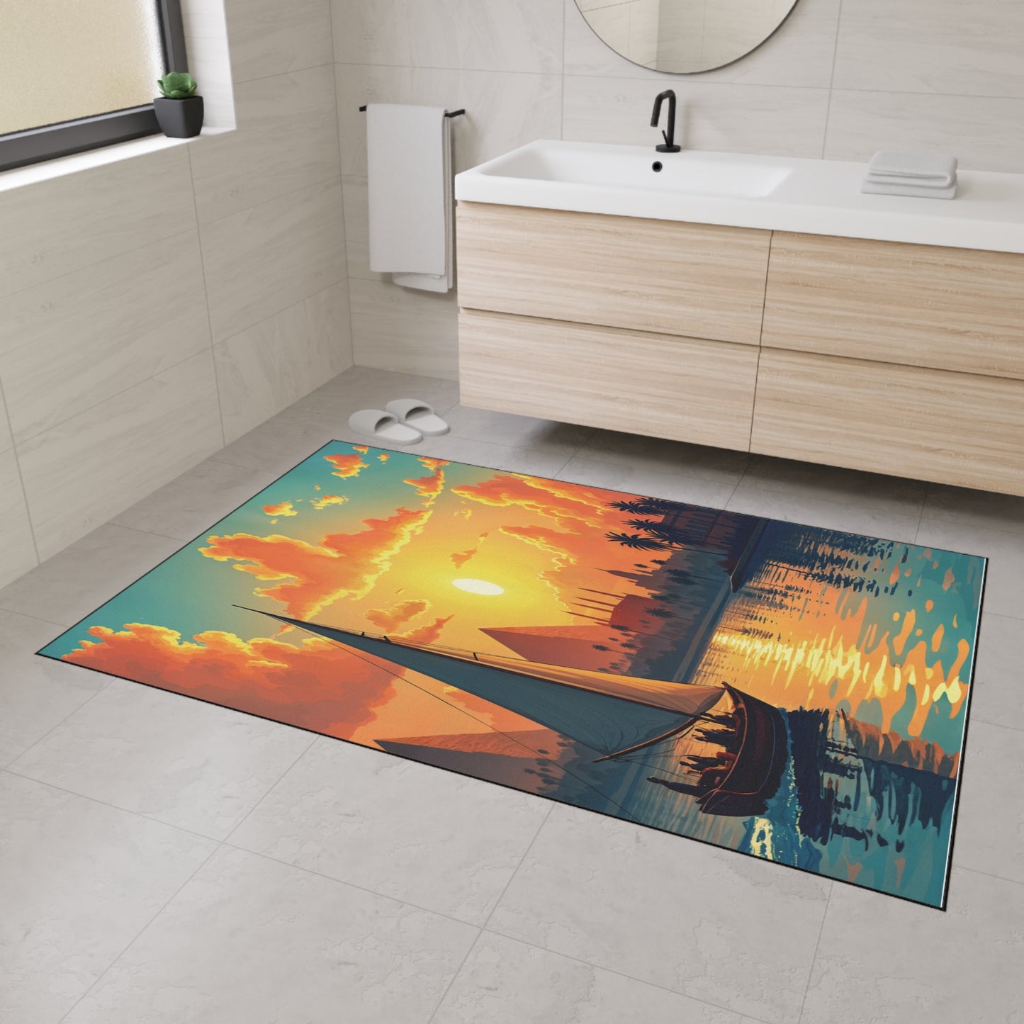 A modern bathroom with light beige tiles features a non-slip bath mat printed with a vivid sunset sailing scene—orange clouds, glowing sun, sailboats, and reflective water. A sleek sink, round mirror, towel, and slippers are also visible.