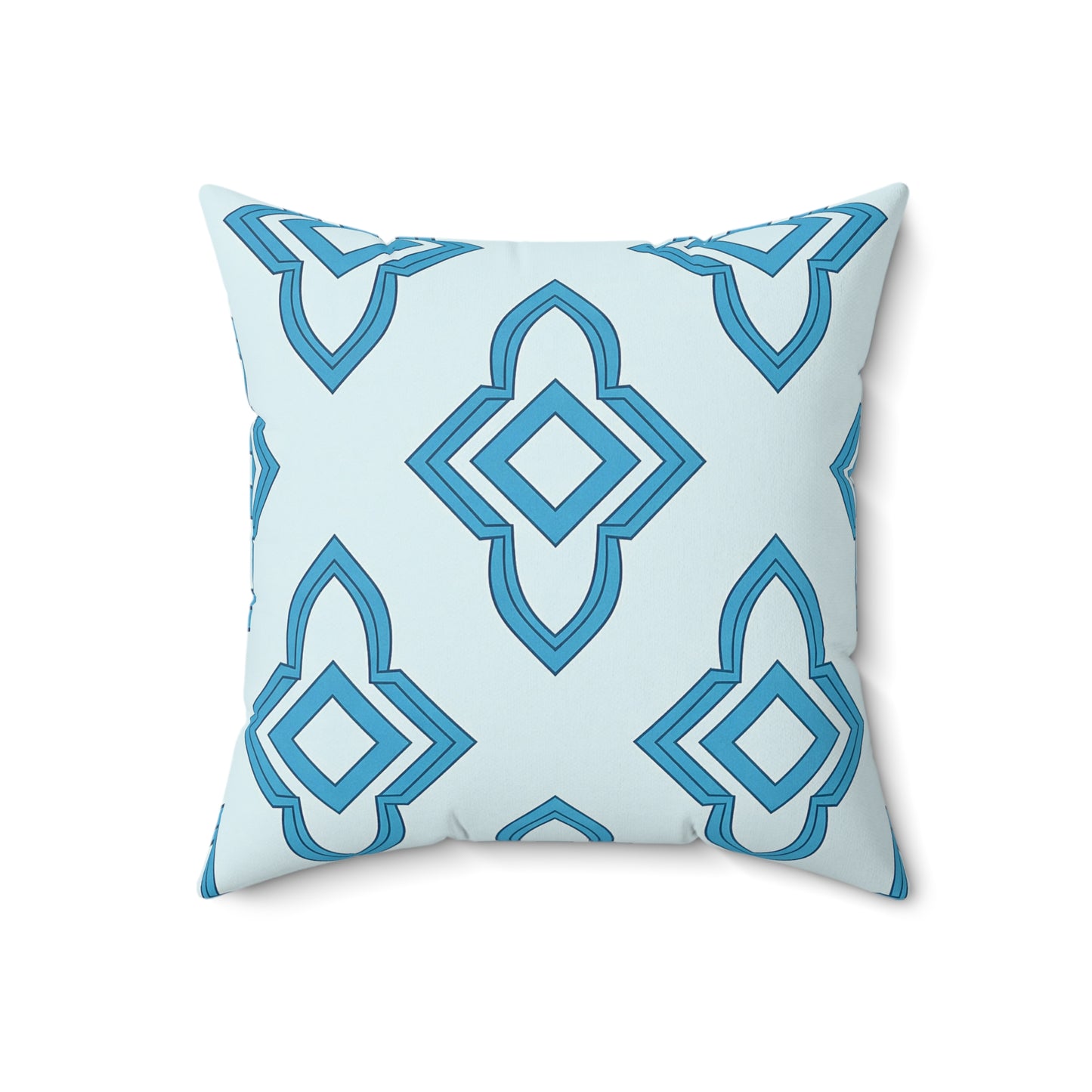 Square faux suede pillow with a light blue background featuring a repeating geometric pattern in darker blue shades. This African accent pillow displays diamond shapes within pointed, arch-like outlines, photographed against a plain white background.