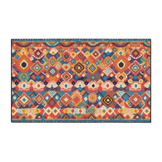 A rectangular rug with a vibrant, African-inspired geometric pattern in red, orange, blue, yellow, and white. Overlapping diamonds and hexagons create a lively mosaic effect across the surface, complemented by a non-slip rubber backing for added safety.