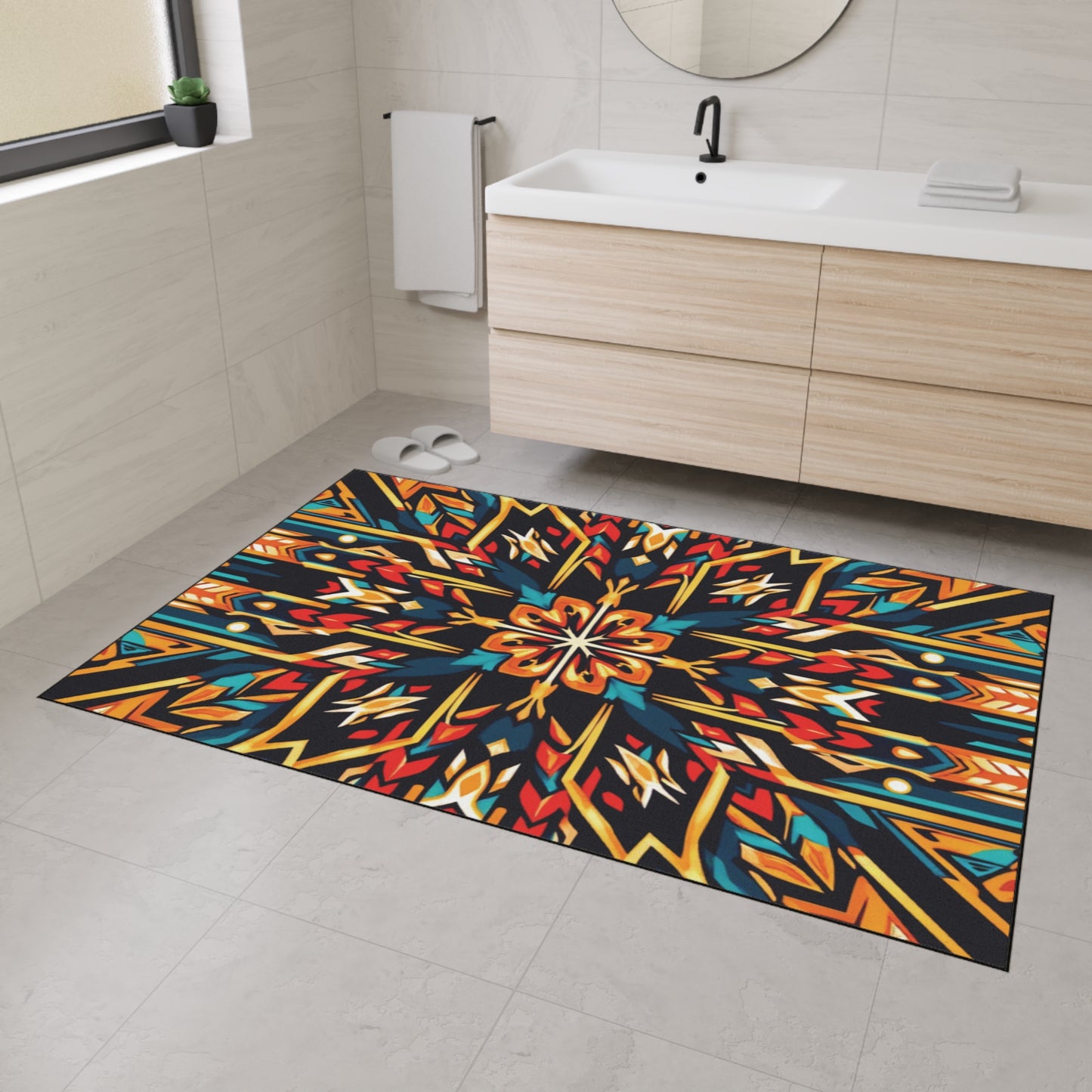 A bathroom with light beige tile, a wooden vanity and white sink, a round mirror, and a towel beside it. The floor features a large, custom floor mat with African-inspired aesthetics in orange, teal, and yellow symmetrical patterns.
