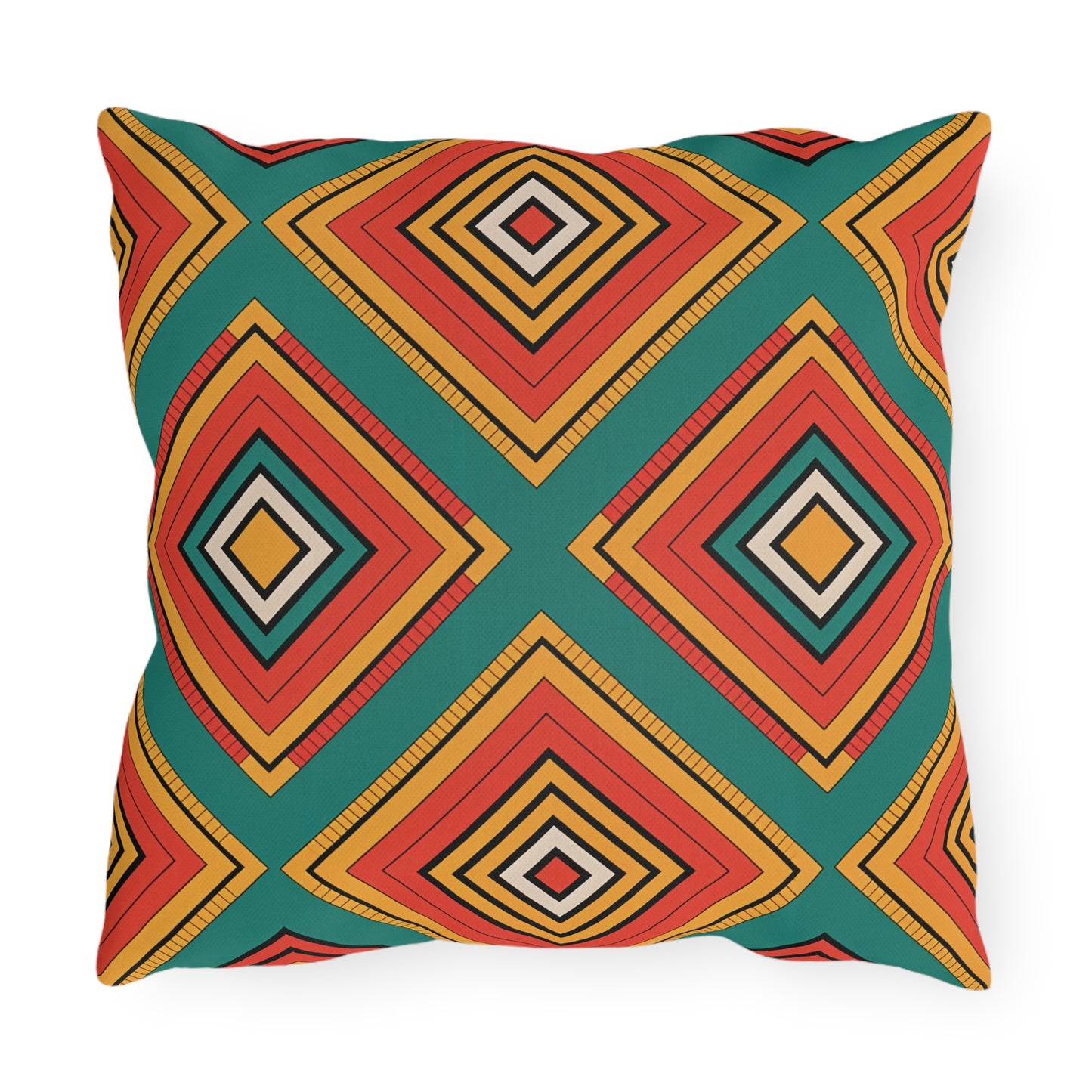Square outdoor pillow with a bold geometric pattern of overlapping diamonds in vibrant colors on a teal background. Made from weatherproof materials, this modern design is both eye-catching and durable—perfect for any space.