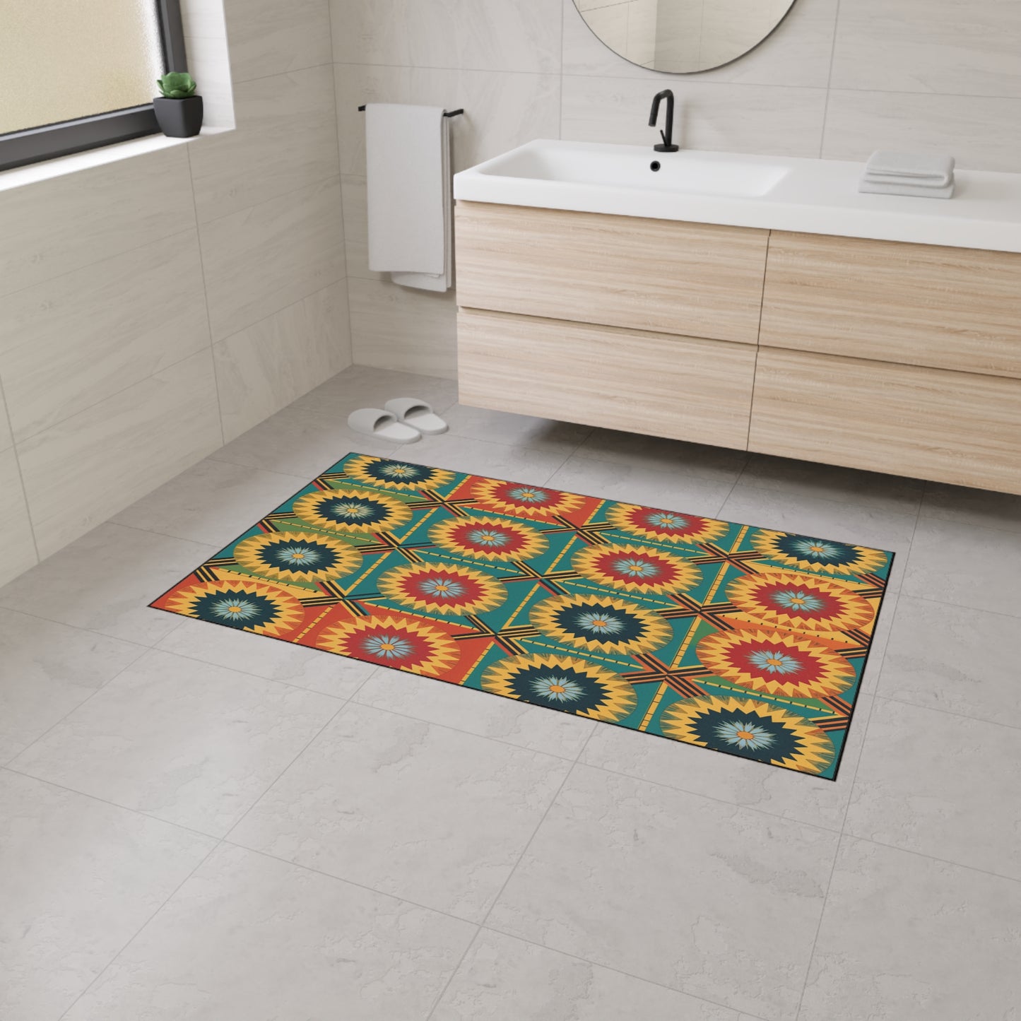 A modern bathroom with light gray tiled floor and walls, a large wooden vanity with a white sink, a round mirror, towel rack, white slippers, and a custom floor mat featuring African-inspired aesthetics in vibrant red, yellow, and green starburst patterns.