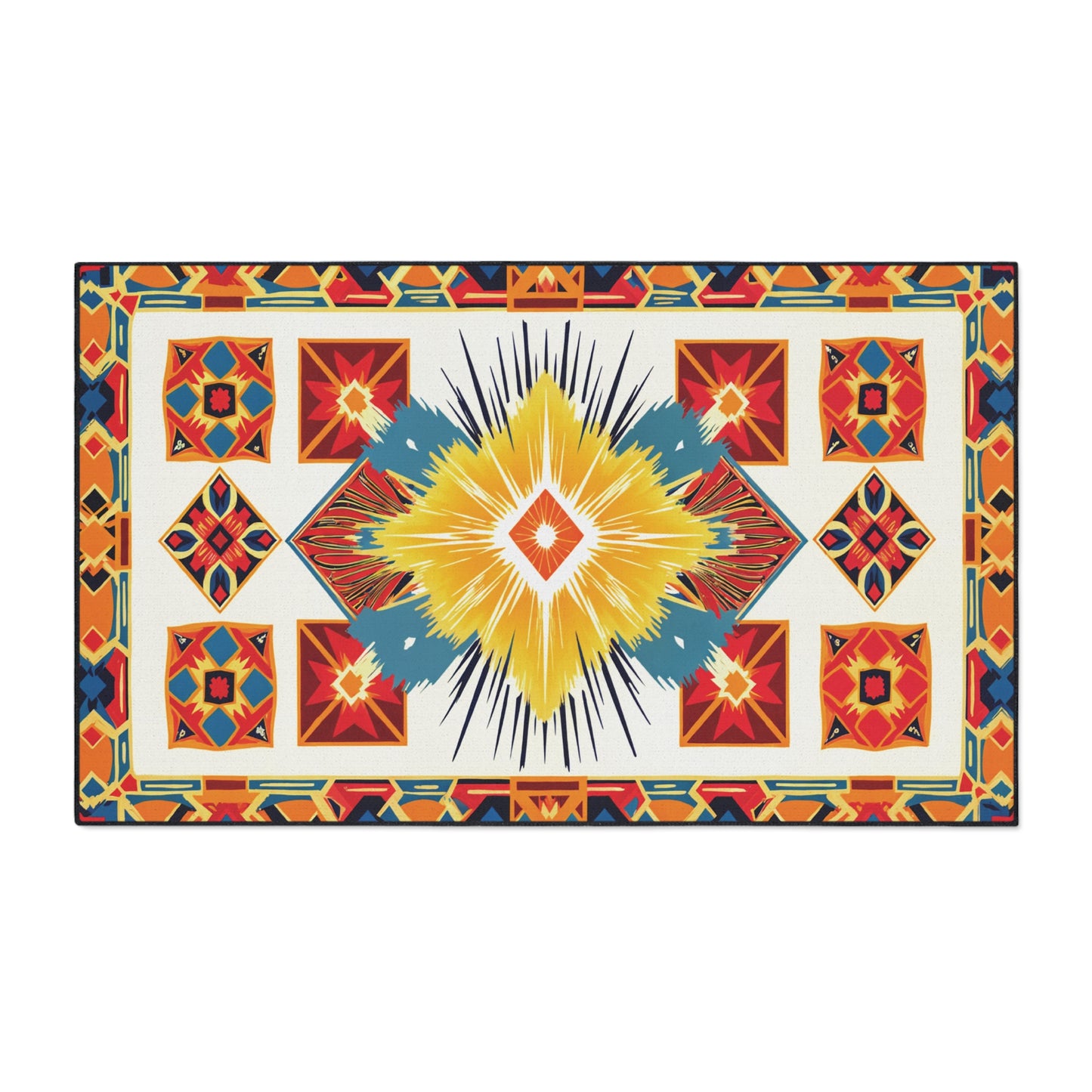 A rectangular rug with a vibrant geometric, African-inspired pattern. The design features a large yellow diamond with blue and white accents, surrounded by colorful tribal motifs and bold borders, plus non-slip rubber backing for added safety.