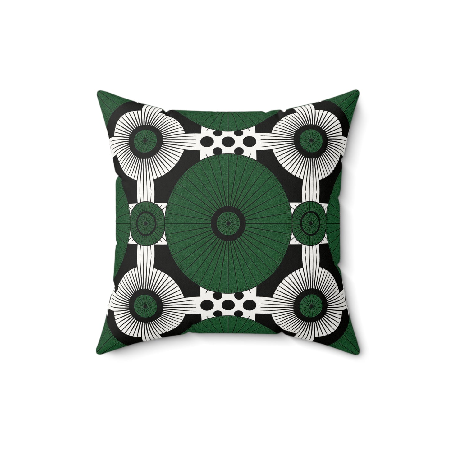 Add a unique touch to your space with this decorative square pillow in faux suede, featuring bold green circles, white fan shapes, and concentric black lines for a modern African accent pillow with striking contrast.