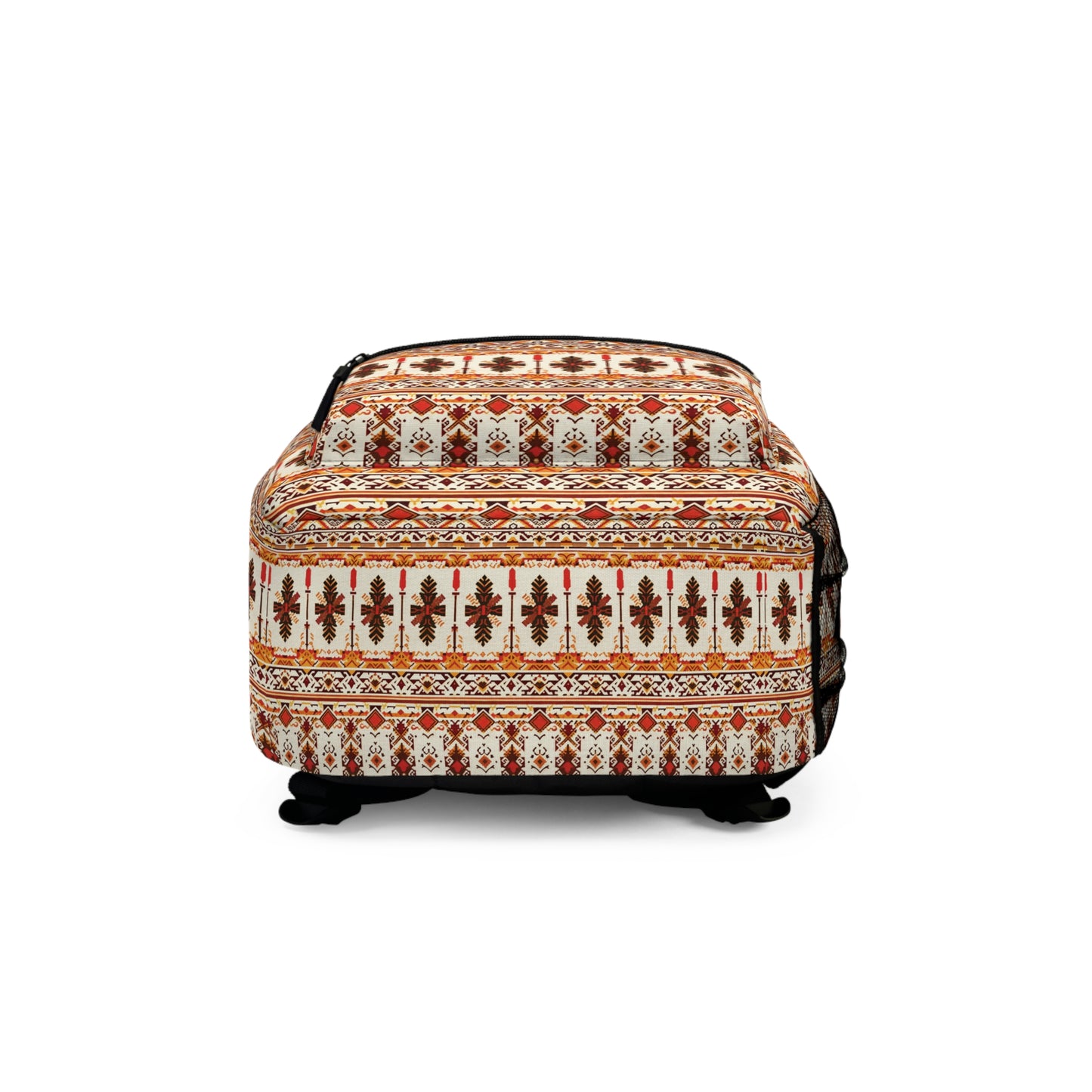 A square ottoman with short black legs, upholstered in a patterned fabric featuring horizontal bands with floral and geometric designs in earthy tones—reminiscent of an African-inspired backpack—set against a plain white background.