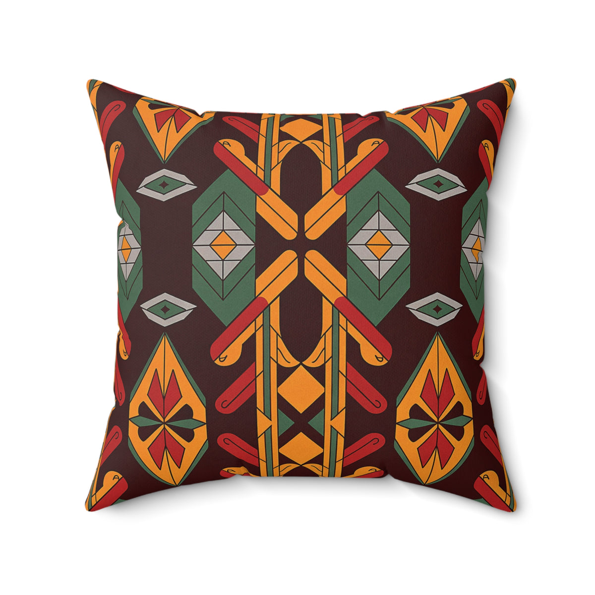 A square African accent pillow with a bold geometric pattern in red, yellow, green, orange, and gray on a dark brown background. Its symmetrical design and vibrant colors create a stunning tribal-inspired faux suede pillow.
