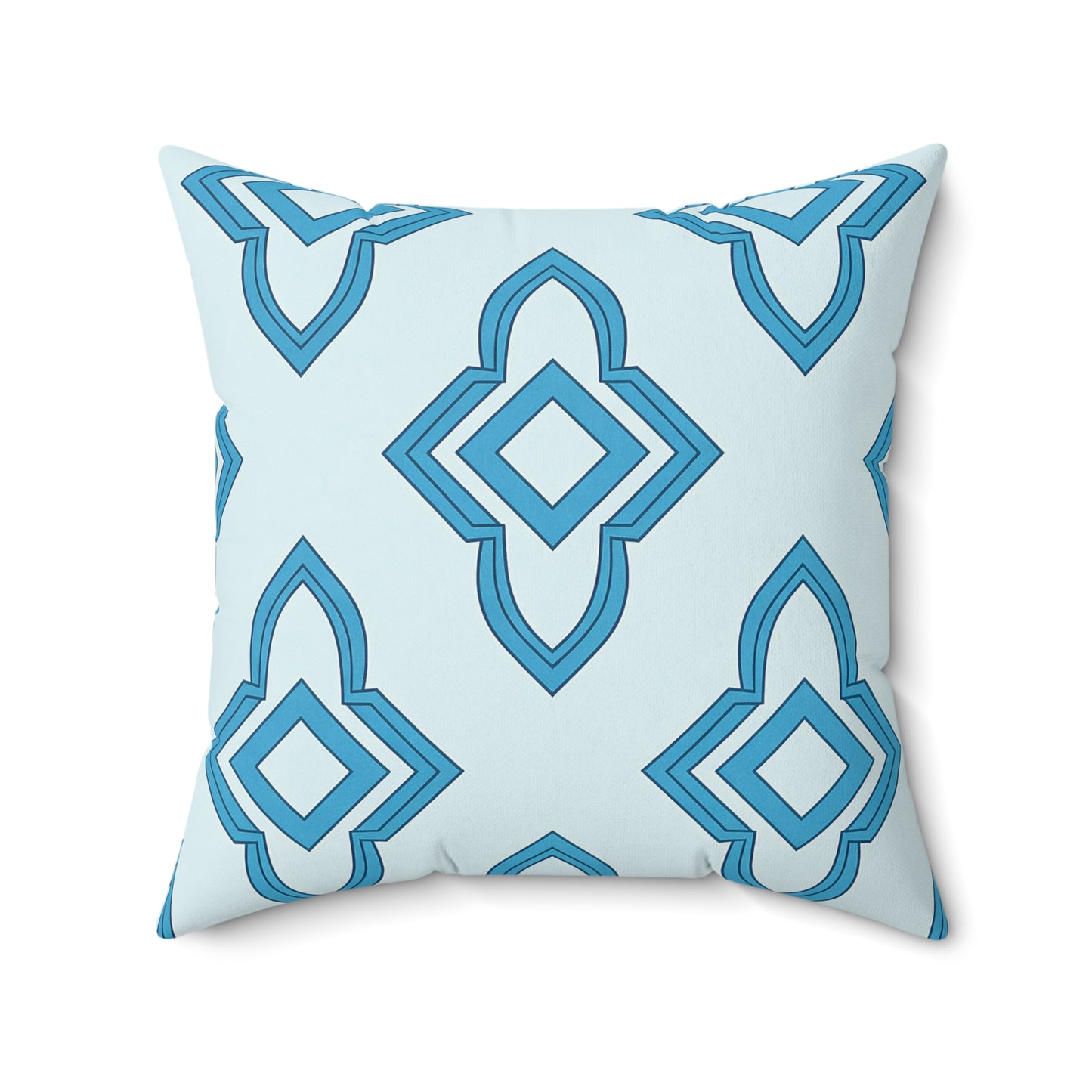 A square faux suede pillow with a light blue background and a repeating geometric diamond pattern in shades of blue. The overlapping shapes create a modern, symmetrical look, making it an ideal African accent pillow for any space. Edges are slightly curved.