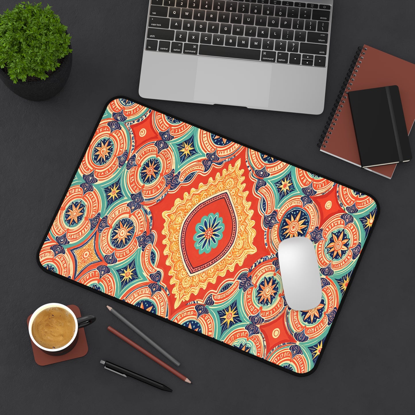 A colorful workspace accessory, this neoprene desk mat features intricate orange, blue, and yellow mandala patterns. It brightens a dark desk where a white mouse, laptop, notebooks, pens, potted plant, and latte art coffee await.