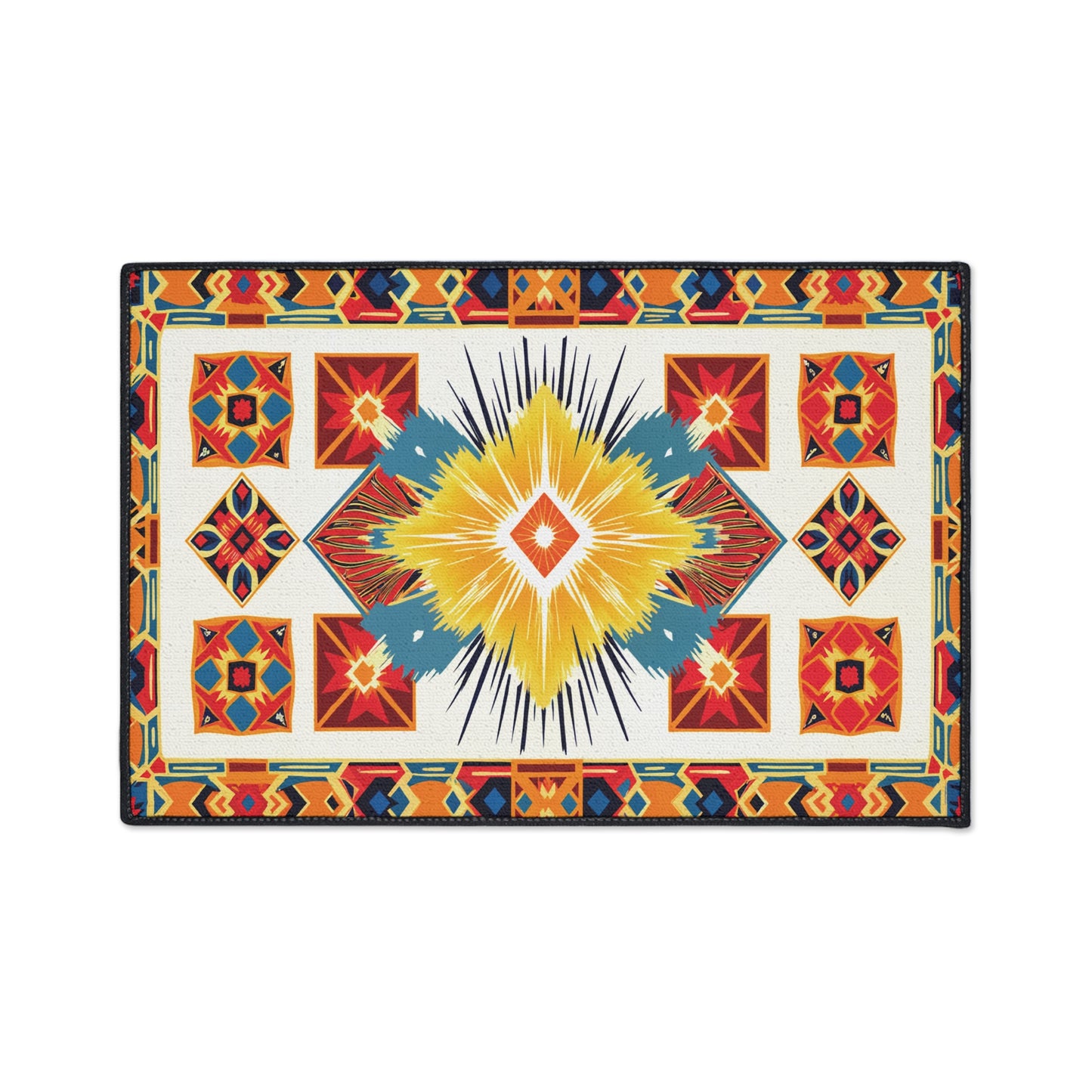 Rectangular rug with a vibrant geometric pattern in red, orange, yellow, blue, and white. Features a central diamond motif and symmetrical border shapes in Southwestern style. Includes non-slip rubber backing for added safety and stability.