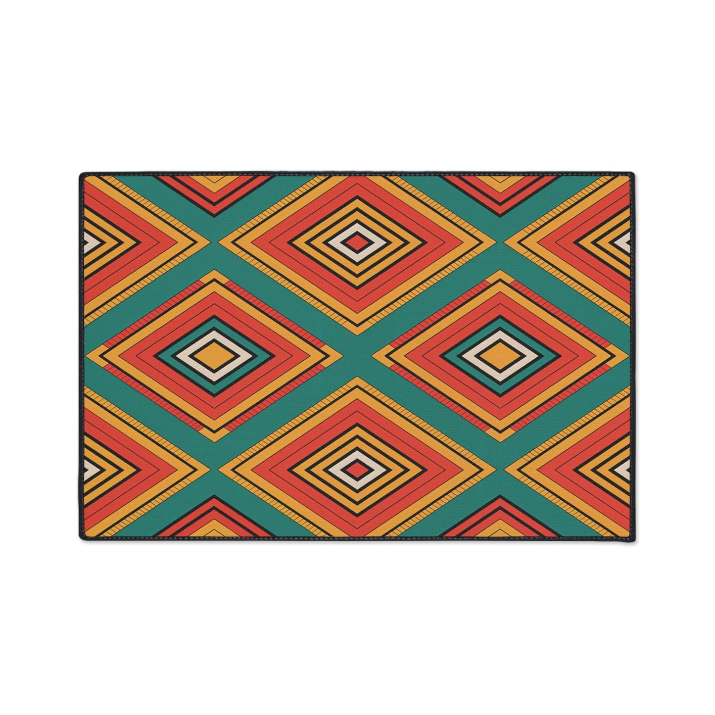 A rectangular non-slip rug featuring a vibrant geometric pattern of nested diamonds in orange, red, yellow, black, and white on teal green—perfect for adding bold, African-inspired home decor to any space.