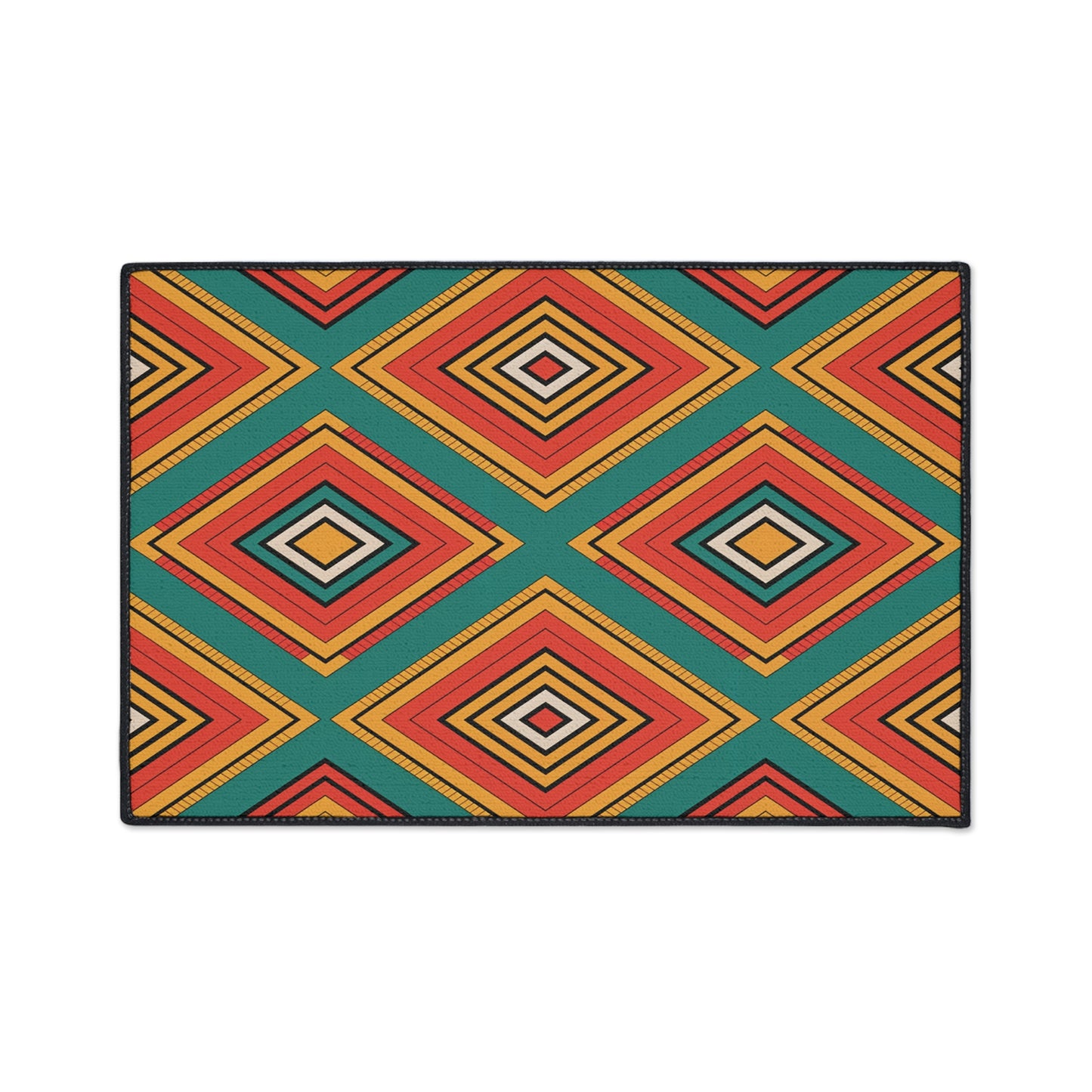 A rectangular mat featuring a bold geometric pattern of concentric diamond shapes in orange, yellow, black, and red on teal, inspired by African-inspired aesthetics. Black borders and a non-slip rubber backing complete the vibrant, symmetrical design.