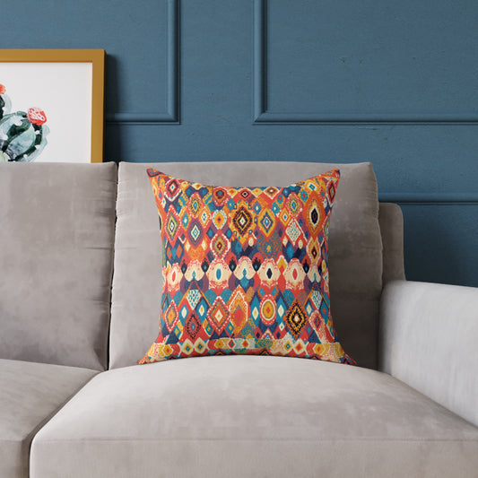 A beige sofa with a colorful accent pillow sits against a blue wall with molding. Part of a framed cactus print with an orange border is visible on the left. The scene is modern, cozy, and bright with vibrant home decor touches.