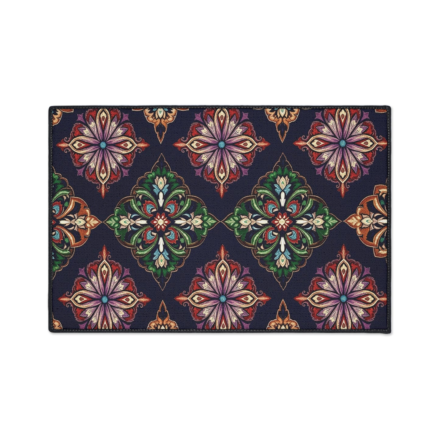 Rectangular non-slip rug with a repeating ornate floral pattern in red, orange, green, and cream on a dark navy background. Symmetrical flower and leaf motifs in diamond shapes create a luxurious, vintage, and richly decorative look.