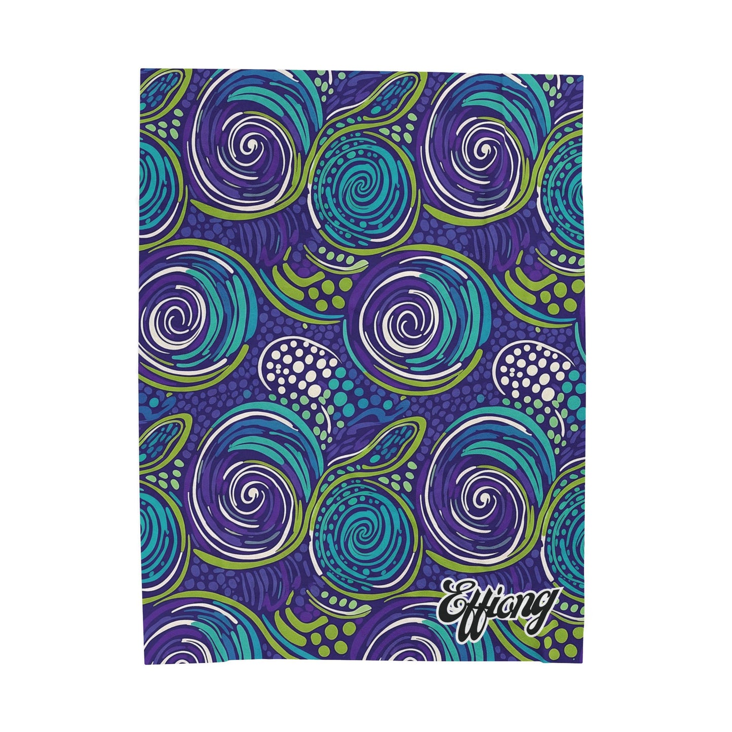 Colorful abstract pattern of swirling shapes in purple, blue, and green with dotted accents. The vibrant design resembles waves or shells, perfect for an African-inspired blanket. Effang is written in a white script font at the bottom right corner.