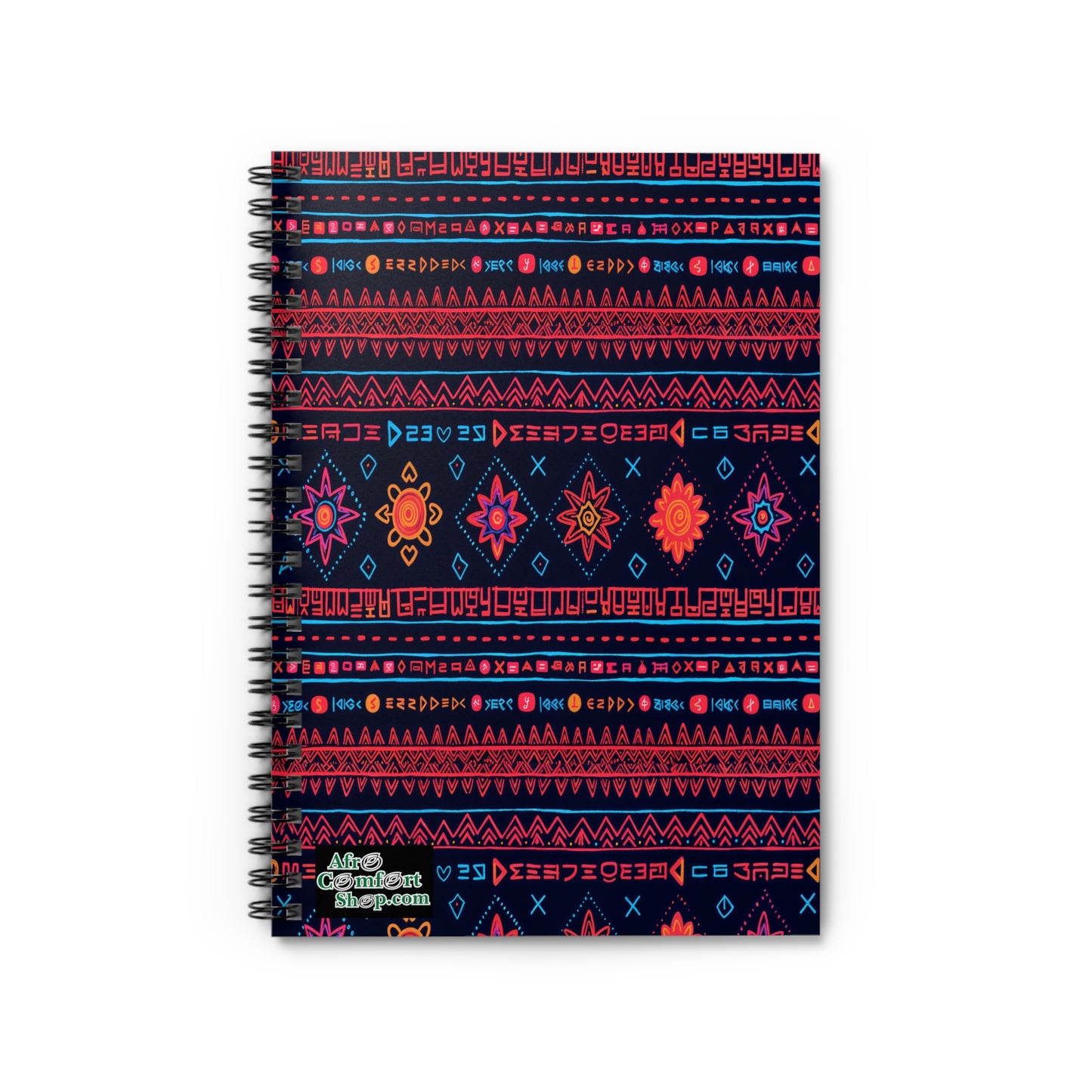 A square African-inspired spiral notebook with a cover featuring colorful geometric and floral patterns in red, orange, blue, and pink on a dark navy background. Enjoy a premium writing experience with culturally inspired designs.