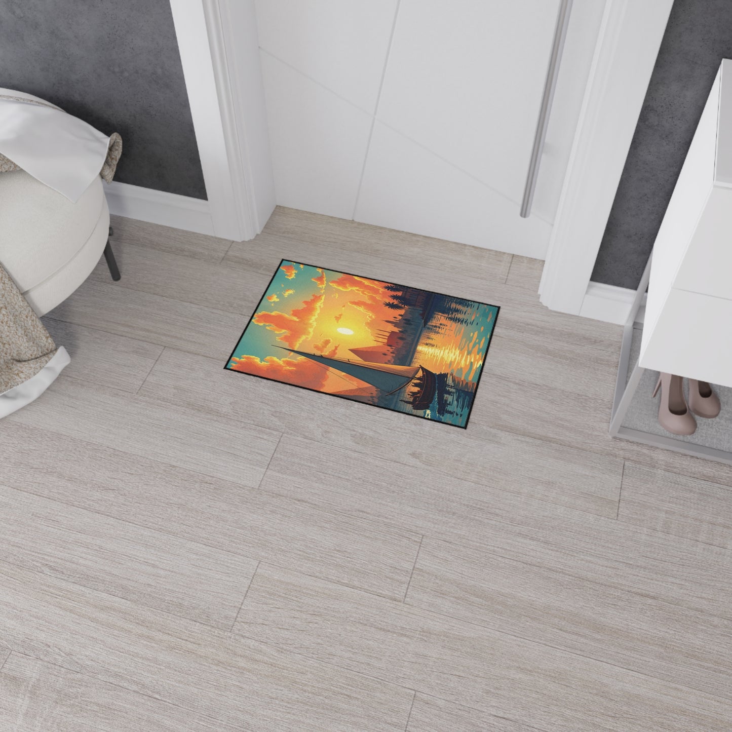 A rectangular doormat with a vibrant sunset lake scene and non-slip rubber backing lies on a light wood floor in a modern entryway. Nearby are a white bench, shelves, and heeled shoes—perfect for adding African-inspired home decor flair.