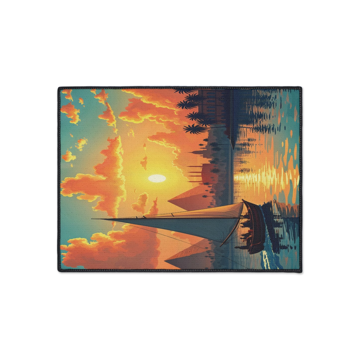 A sailboat with people glides on calm water at sunset. Vibrant orange and yellow clouds reflect on the water’s surface. Silhouetted palm trees and distant buildings line the shore, creating a tranquil, tropical scene with African-inspired aesthetics.