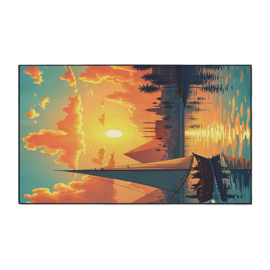 A sailboat with several people glides on calm water at sunset, reflecting orange and yellow hues. African-inspired aesthetics grace the scene as silhouettes of palms, pyramids, and distant buildings line the dramatic, glowing horizon.