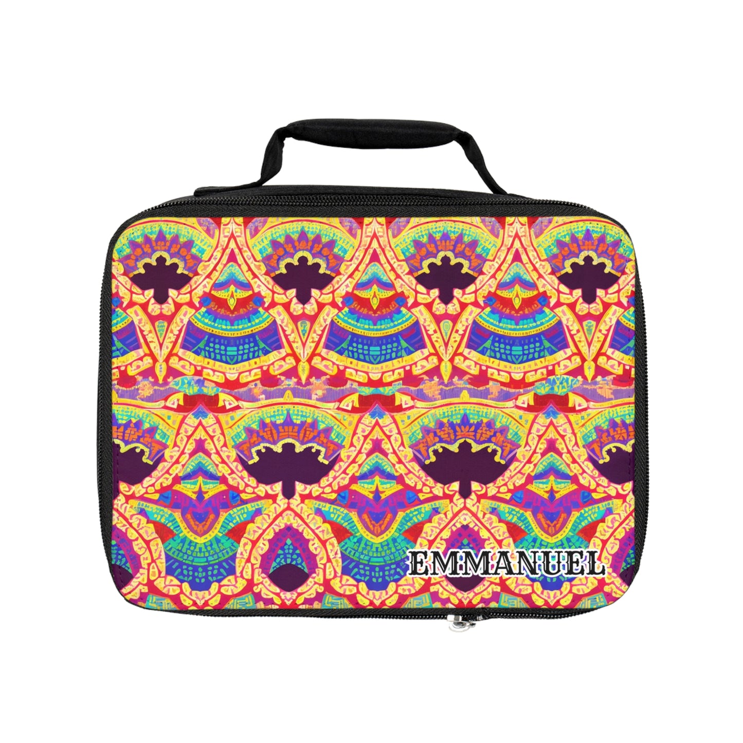 A rectangular, African-inspired lunch tote with a black zipper and handle, featuring a vibrant geometric pattern in yellow, red, blue, and purple. The insulated lunch bag is personalized with “EMMANUEL” in bold white letters at the bottom right corner.