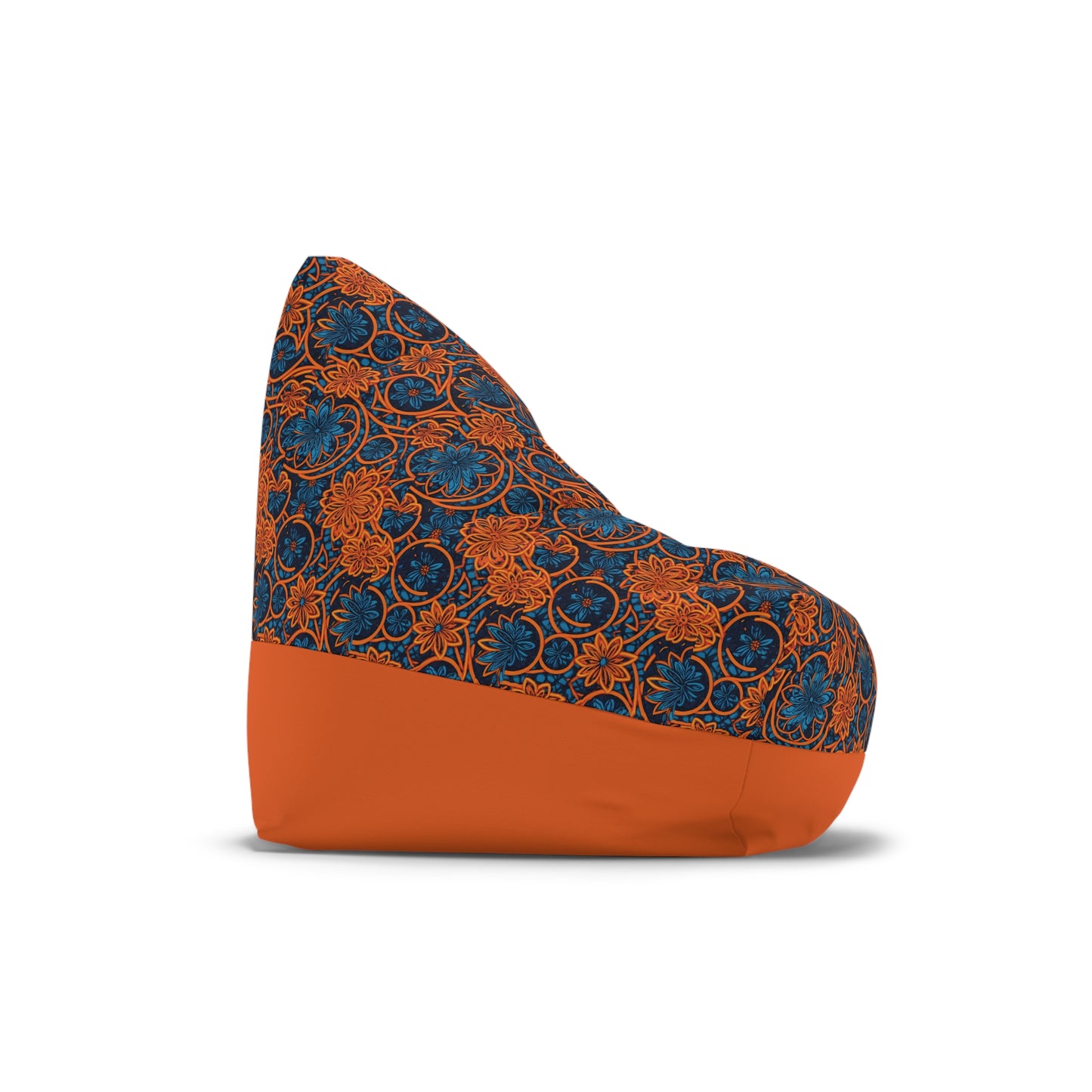 A bean bag chair with an African-inspired, vibrant floral pattern in orange and blue on the upper portion and a solid orange base. The chair is photographed from the side against a plain white background.