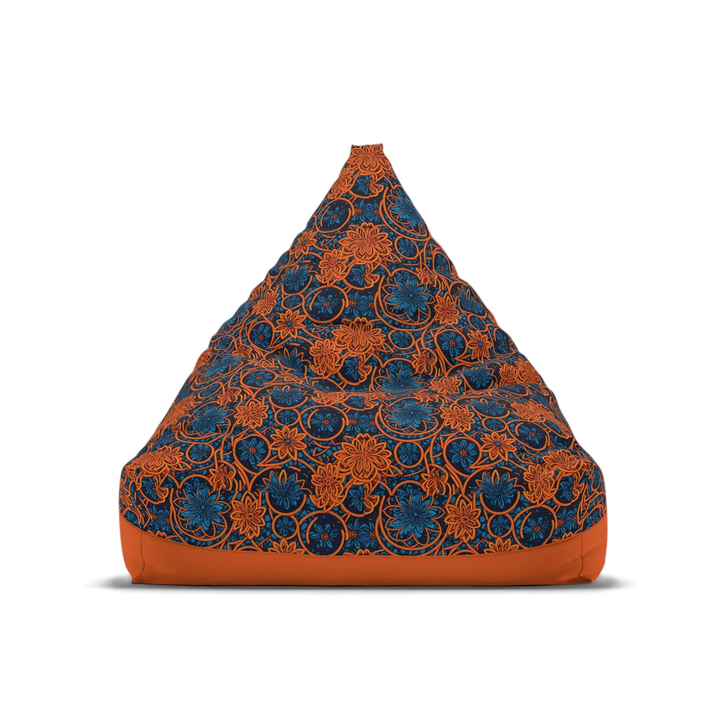 A triangular, African-inspired orange and blue bean bag chair with a floral pattern. The orange base and top contrast with blue and orange intricate flower designs covering the main surface. The chair sits on a white background.