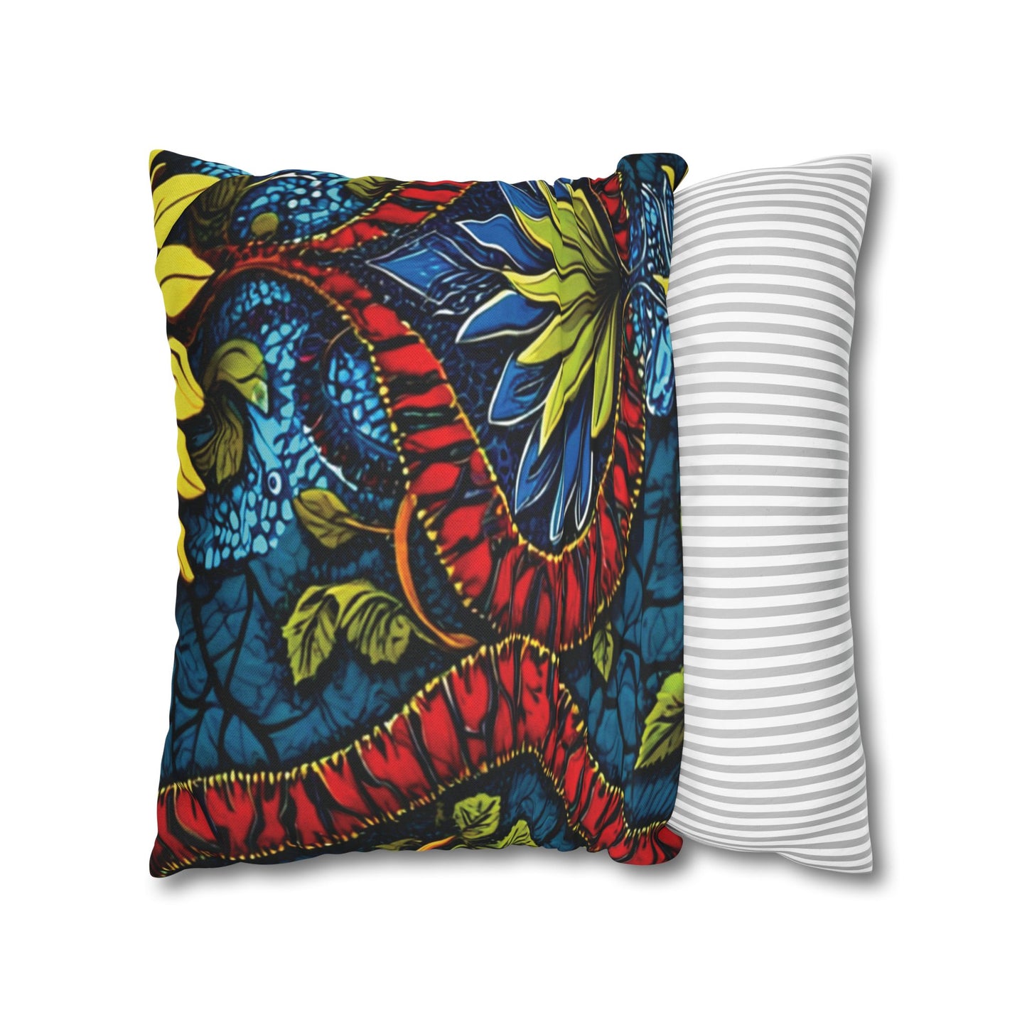 Two pillows are shown: one bright and vibrant pillowcase showcases African patterns in red, yellow, blue, and green; the other features a simple design with light gray and white horizontal stripes. Both are set against a plain white background.