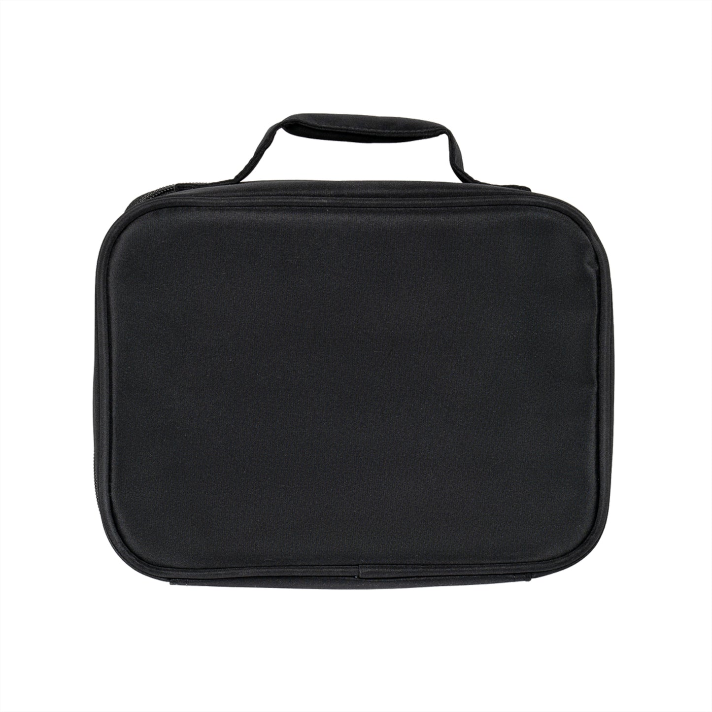 A plain black insulated lunch bag with a soft fabric surface, rounded edges, and a small carrying handle on top. The bag is zipped closed and photographed against a white background.