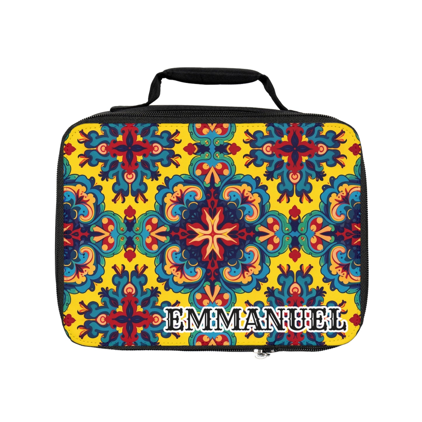 A customizable insulated lunch tote with a black handle and zipper, featuring a vibrant, symmetrical floral pattern in red, blue, green, and yellow on a bright yellow background. The name “EMMANUEL” is printed in bold white letters at the bottom right.