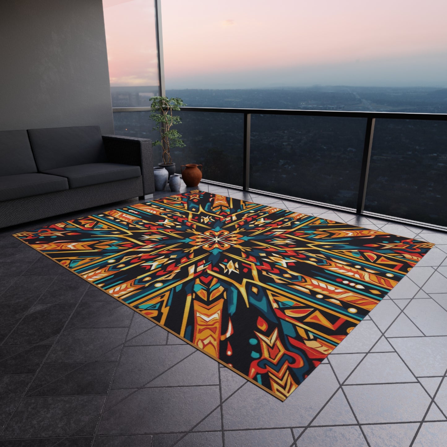 A modern balcony with gray tile flooring features an African-inspired outdoor rug in colorful geometric patterns and weather-resistant polyester chenille. A gray sofa sits along the left wall, with potted plant and vases near the glass railing, overlooking a sunset cityscape.