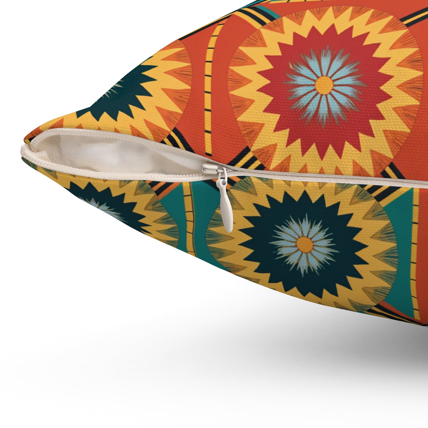 Close-up of an African-inspired pillow with a white zipper partially open. The bold geometric pattern and vibrant colors make it a standout piece for home decor, while the fabric texture and eye-catching design enhance modern living spaces.