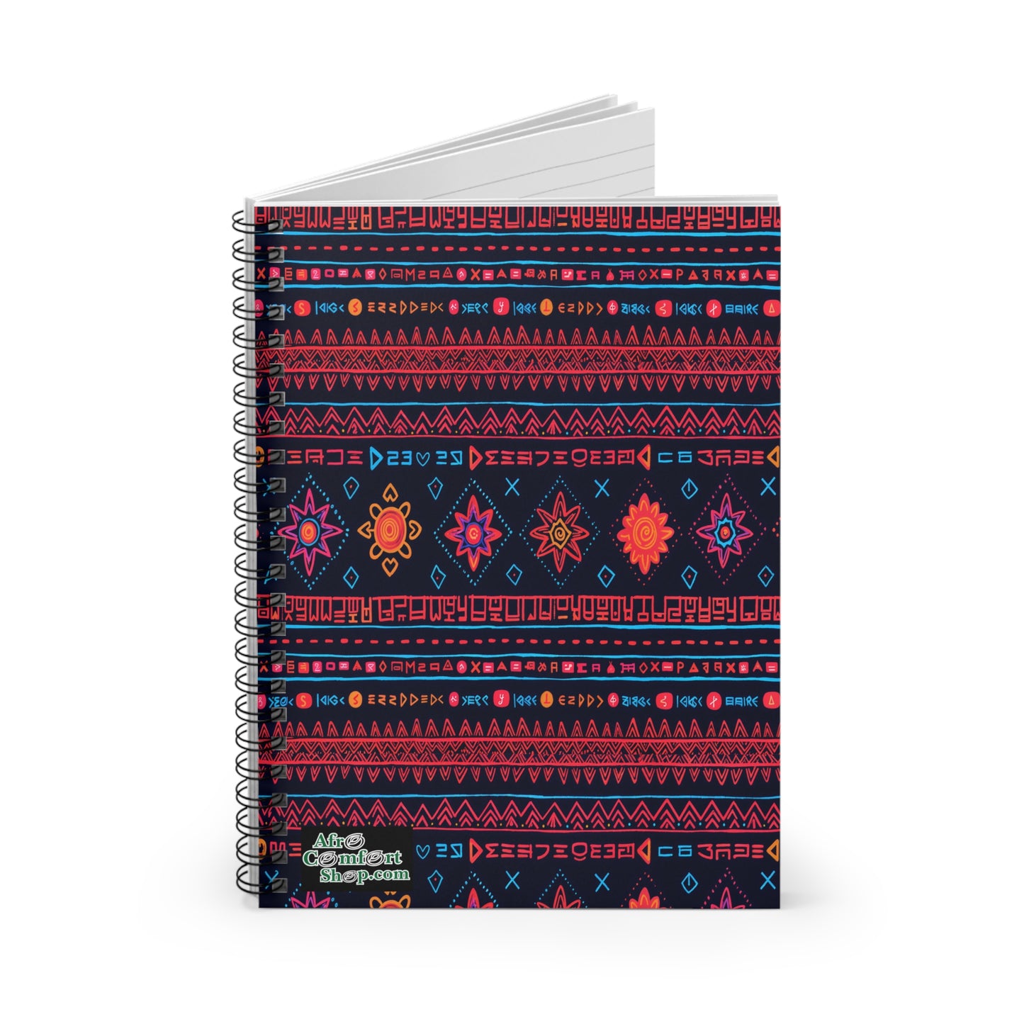 A spiral-bound notebook with a dark cover features culturally inspired designs in bright geometric and floral patterns. Arranged in vibrant rows, this African-inspired spiral notebook offers white, lined pages for a premium writing experience.