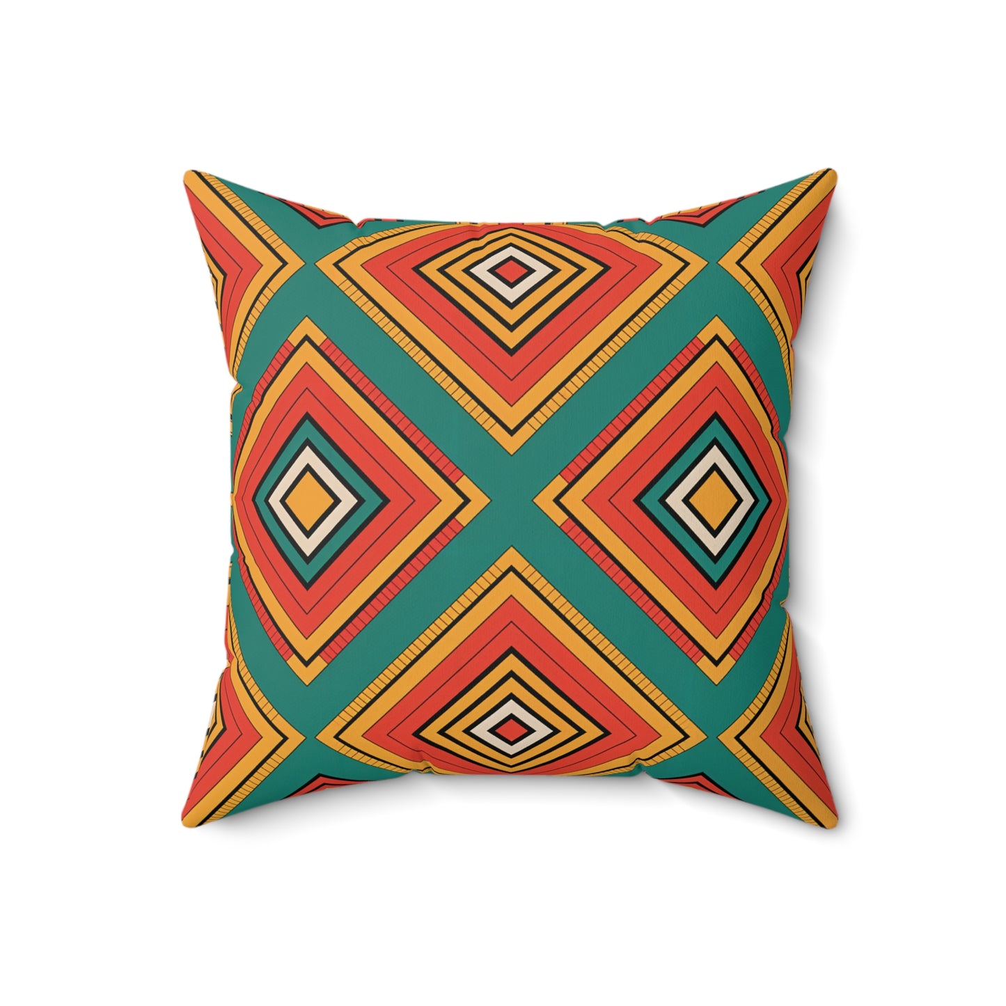 A decorative throw pillow featuring a bold geometric pattern of concentric diamonds in red, orange, yellow, and black on dark teal. Symmetrical and vibrant, this faux suede pillow adds a modern, eye-catching touch to any space.