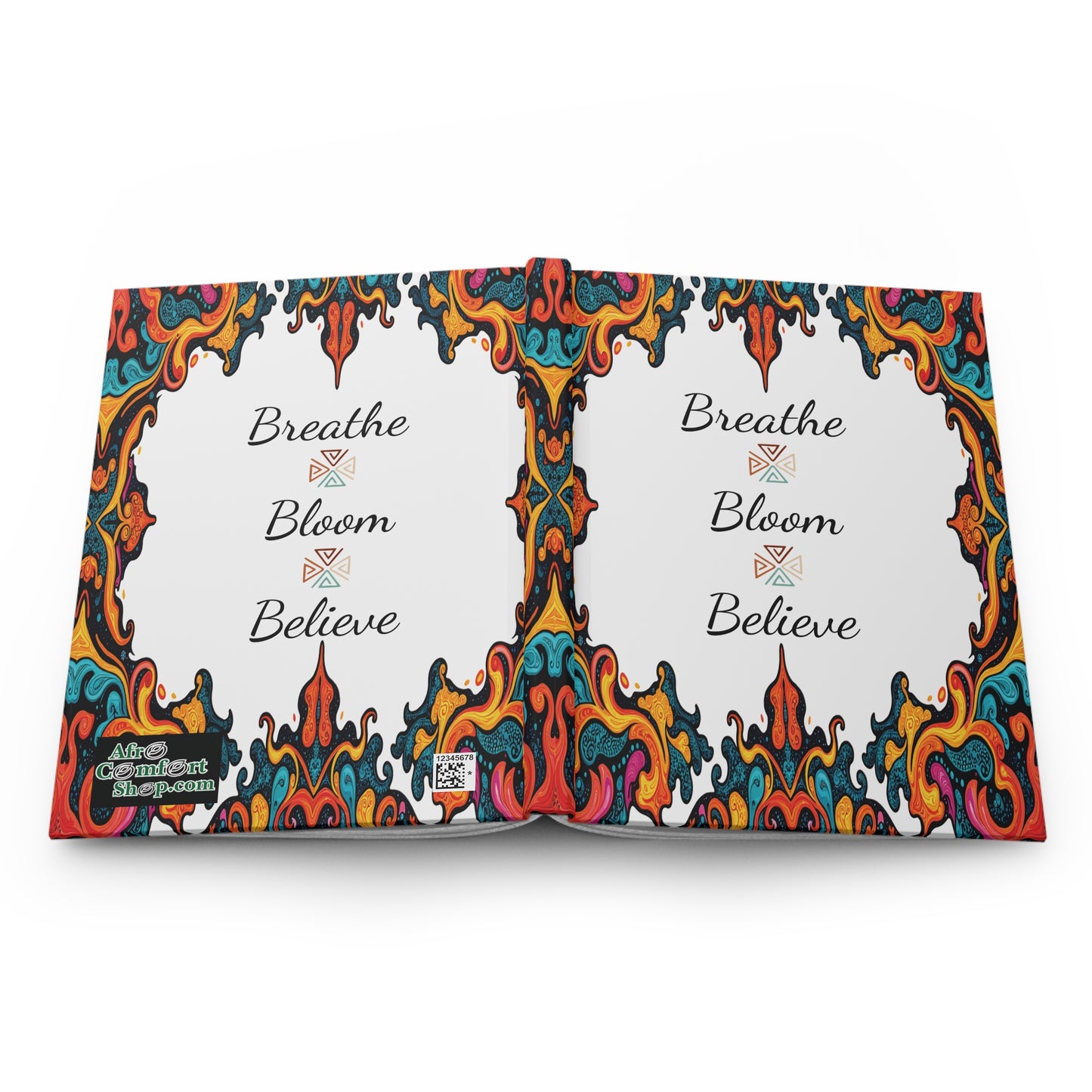 An open hardcover journal reveals two pages with “Breathe”, “Bloom”, and “Believe” in elegant script. Vibrant, African-inspired borders in red, yellow, blue, and orange frame both pages. The left page features a small “ColorPart kids’ craft” logo.