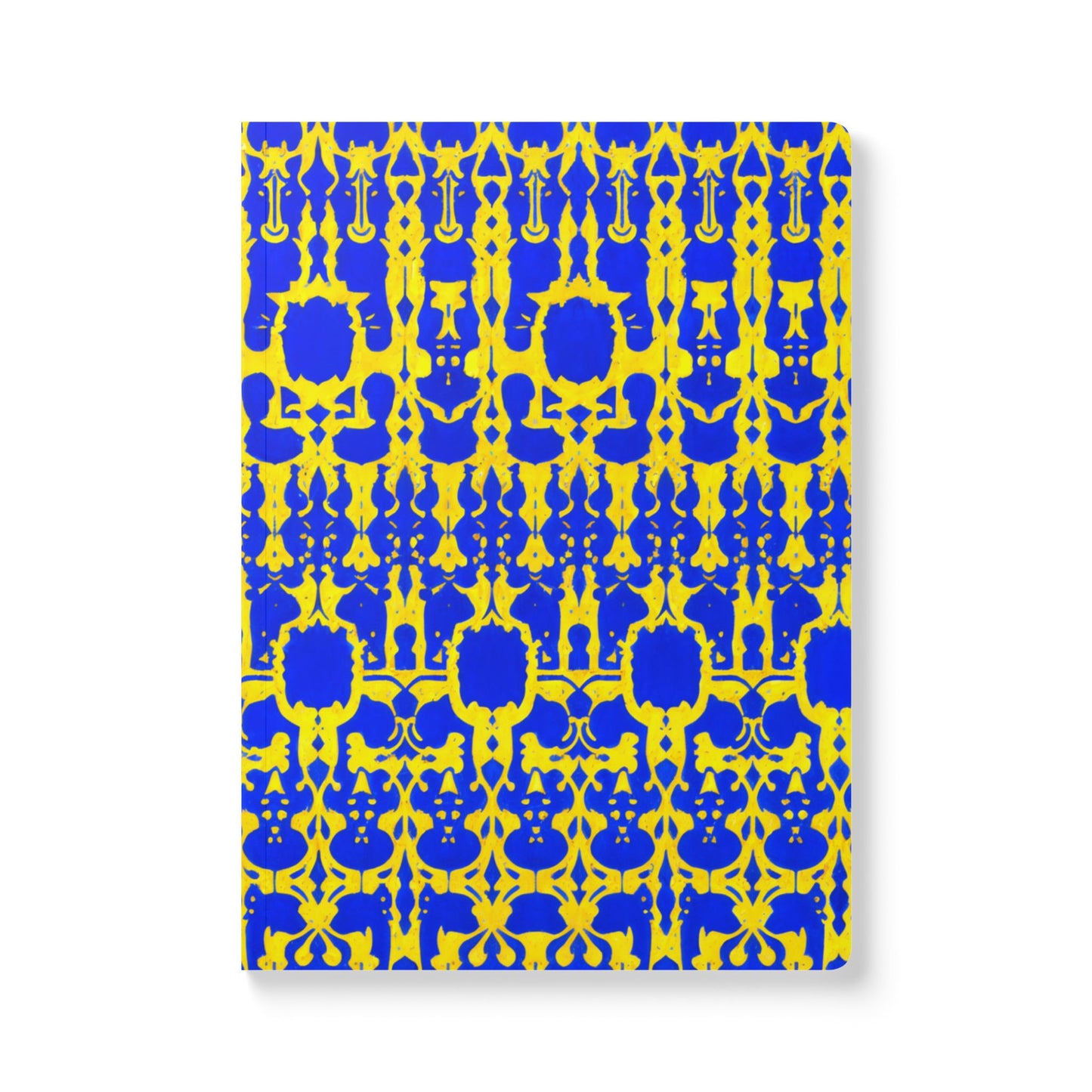 A creative journal with a cover featuring an intricate, symmetrical pattern in blue and yellow. The African-inspired design of repeating geometric shapes creates a bold, vibrant look—perfect for daily journaling on a striking white background.