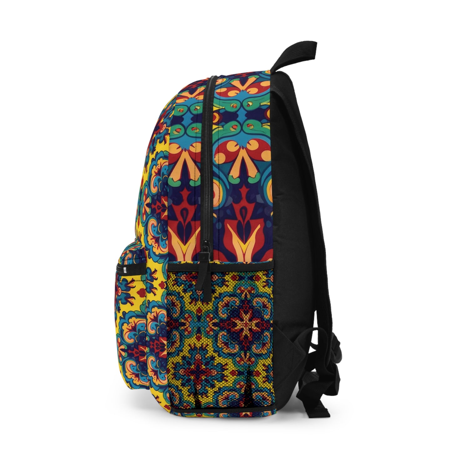 A colorful, African-inspired backpack with an intricate, symmetrical pattern of floral and geometric shapes in yellow, blue, red, green, and orange. The side view shows a front pocket, black straps, and a black zipper.