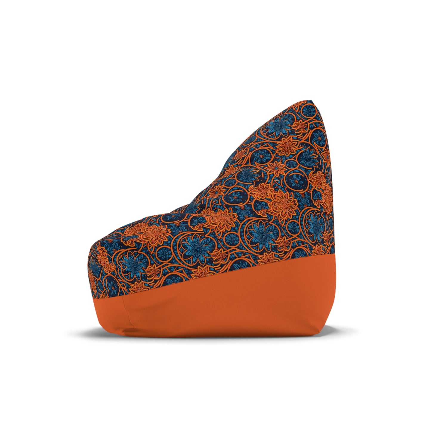 A bean bag chair with an upright, triangular shape. The upper part features an African-inspired blue and orange floral pattern, while the lower part is solid orange. The chair sits on a white background with a faint shadow underneath.