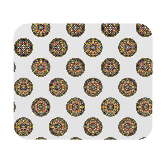 A white rectangular African-inspired mouse pad with rounded corners features colorful mandala designs in red, blue, orange, and green. This durable desk accessory boasts a non-slip rubber base and a visually appealing, repeating motif.