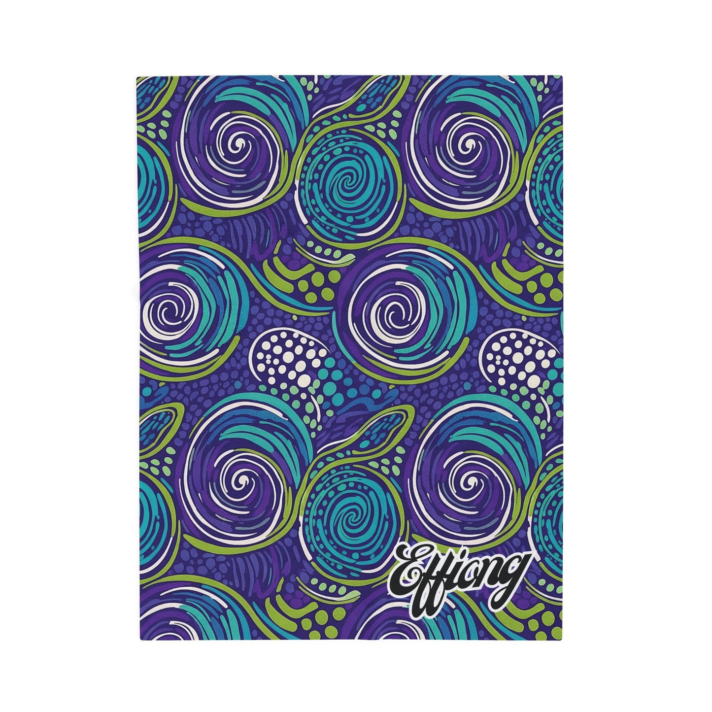 A vibrant abstract pattern with swirling shapes in purple, blue, and green on a dark blue background. Dotted and wavy elements enhance this African-inspired blanket. The word “Effing” appears in bold white script in the lower right corner.