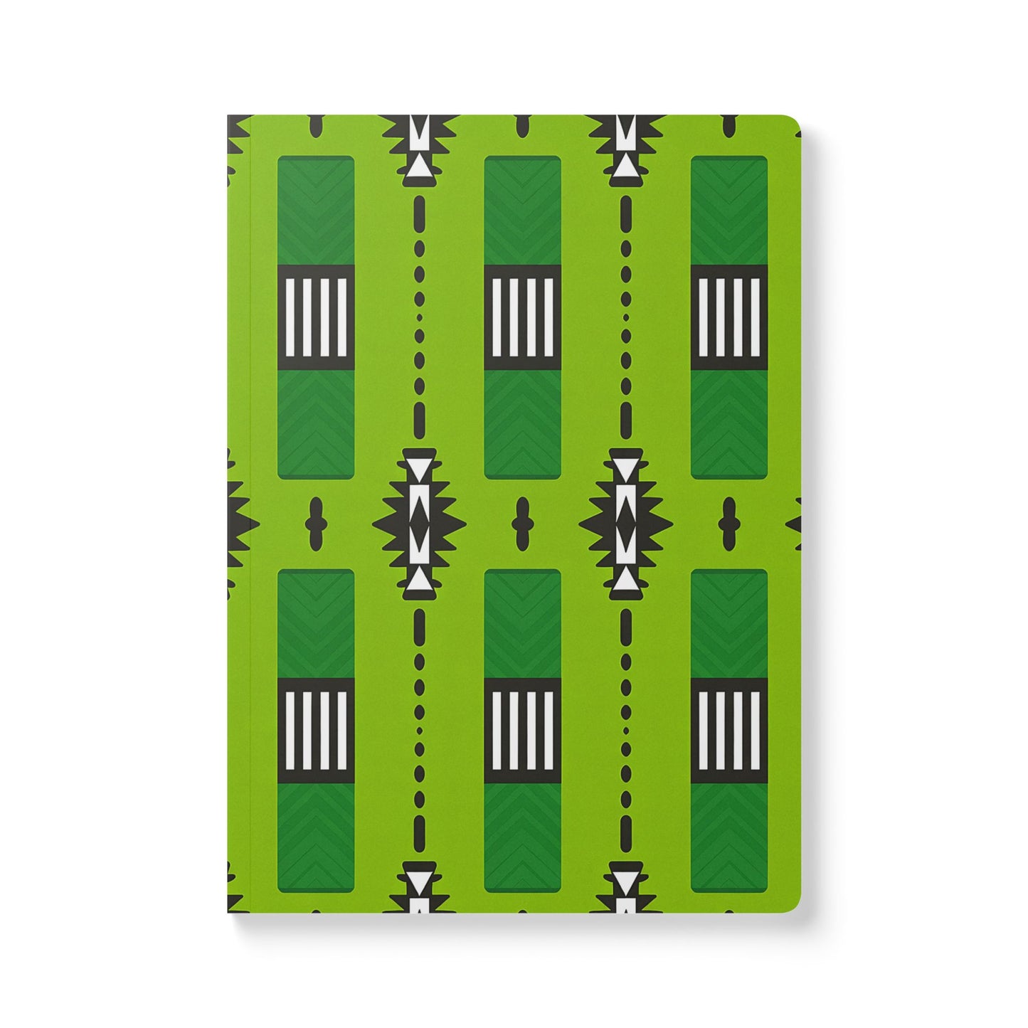 An African-inspired journal with a bright green cover featuring geometric patterns, black and white striped elements, starburst shapes, and small black oval motifs. Perfect for daily journaling, this notebook has rounded corners and is set against a white background.