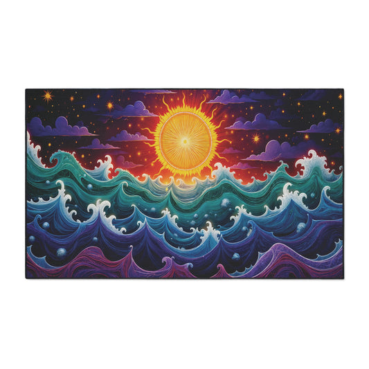 A vibrant, stylized illustration shows the sun glowing brightly above swirling, multicolored ocean waves with African-inspired patterns under a starry night sky. The dynamic scene blends day and night in a dreamlike, surreal manner.