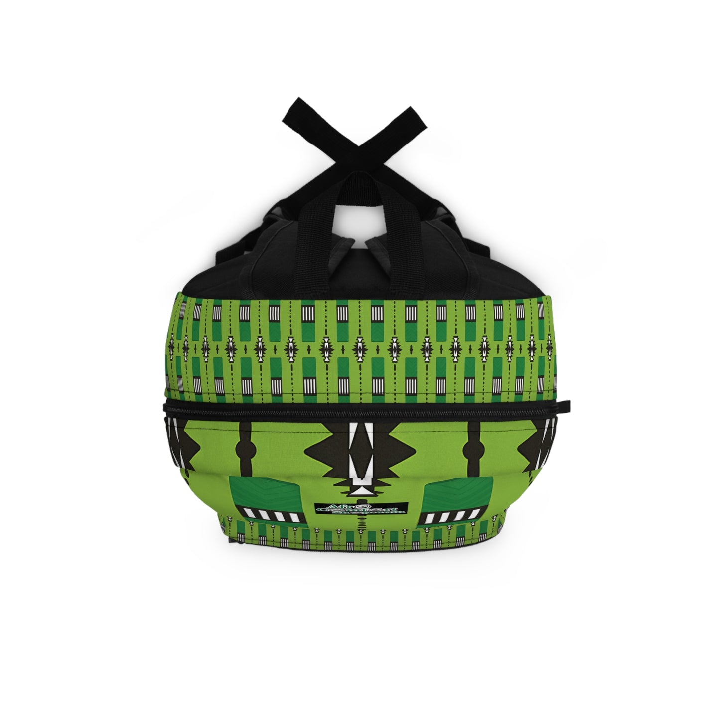 A round duffle bag with black handles and a green geometric pattern, this African-inspired backpack features vertical rows of diamonds and rectangles, with bold black, white, and green shapes at the front center.