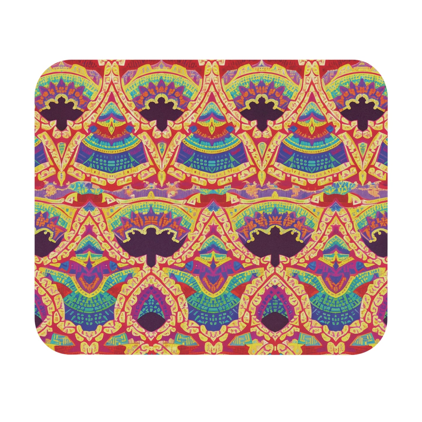 A rectangular mat with rounded corners features a vibrant, symmetrical pattern of arches and geometric shapes in bold tones, creating an African-inspired mouse pad with a kaleidoscopic, mosaic-like appearance and a durable, non-slip rubber base.