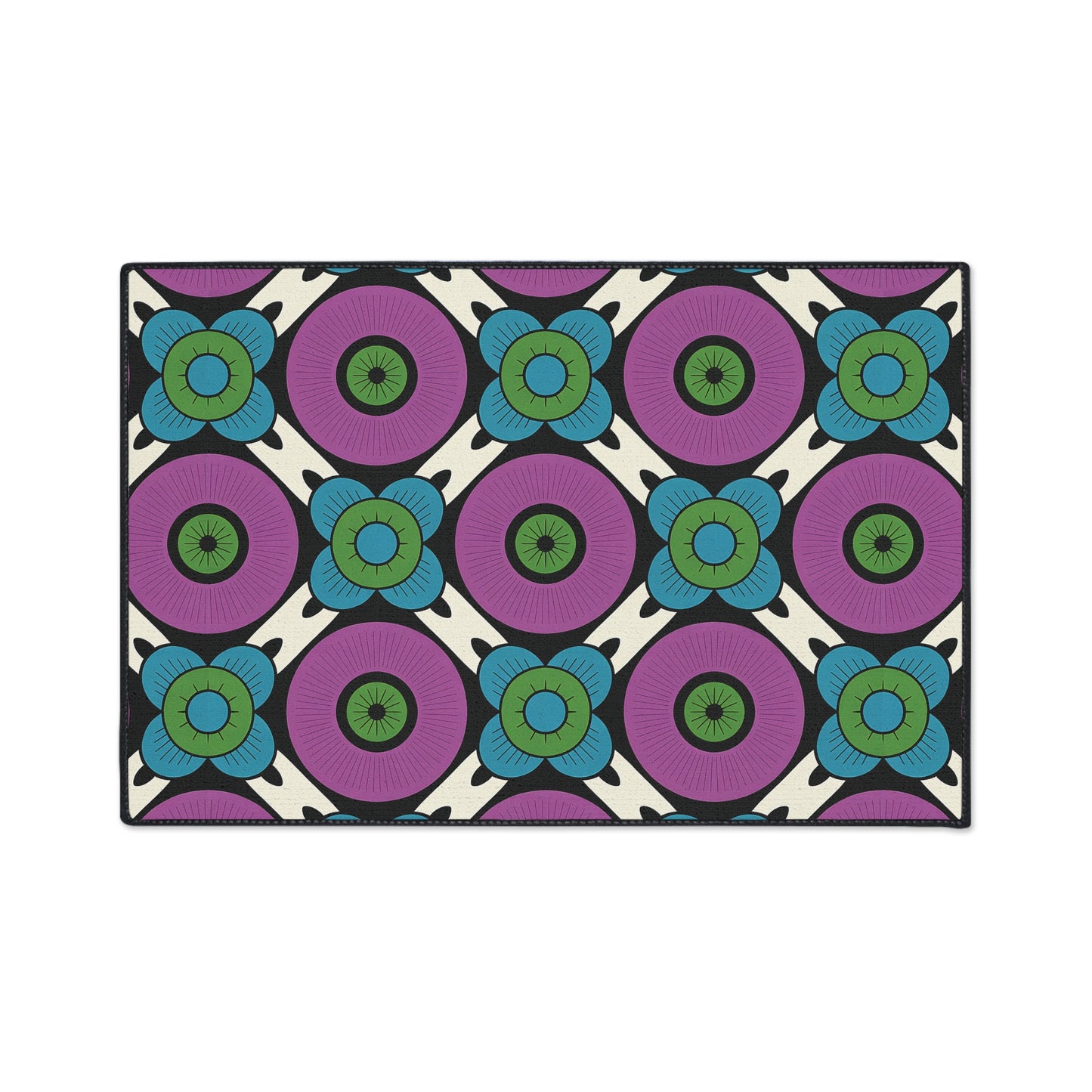 A bold, retro patterned rug with large purple circles and green centers, accented by blue and green floral shapes on a white and black grid. Inspired by African-inspired rugs, this design features non-slip backing for added safety.
