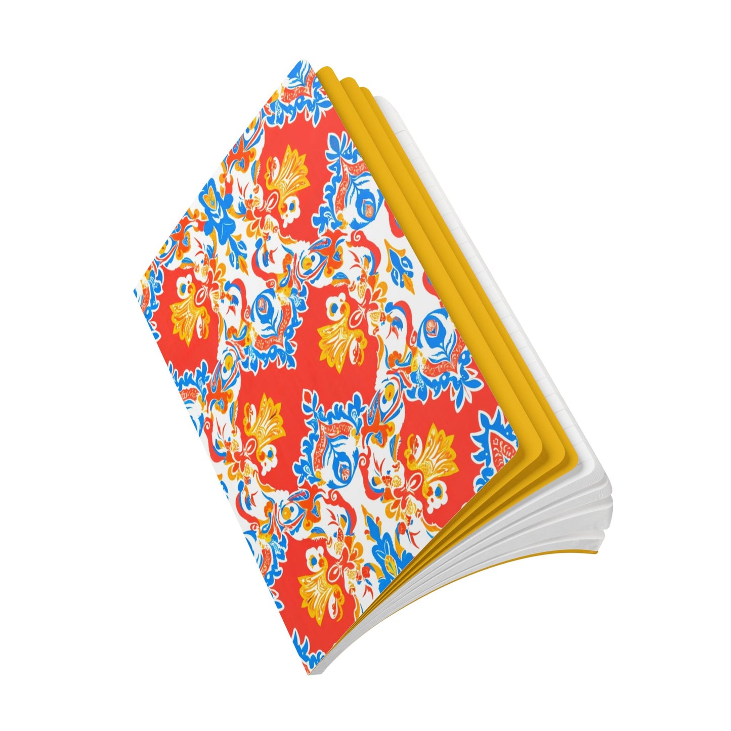 A vibrant, African-inspired journal with a multicolored floral cover in red, yellow, blue, and white. Partially open to show crisp white pages and a yellow inner cover, its perfect for daily journaling against a clean white background.
