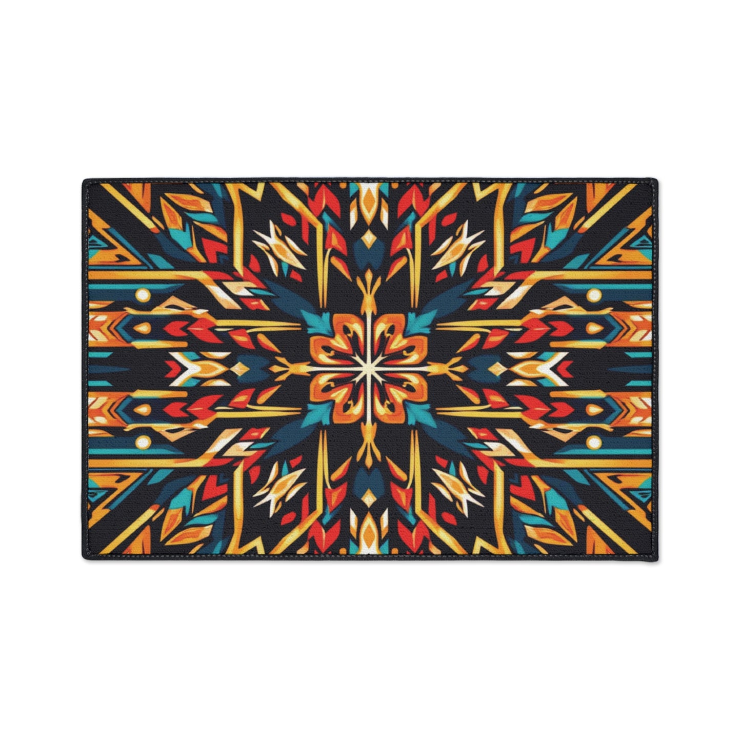 Rectangular non-slip rug with a bold, symmetrical geometric pattern. The design features angular shapes in vibrant hues, forming a starburst motif on black—perfect for those who love African-inspired home decor or Southwestern art.