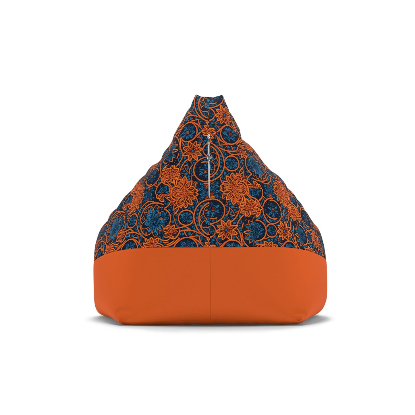 A bean bag chair with an orange base. The upper section features African-inspired, vibrant orange floral and circular designs on a dark blue background. The bean bag sits on a white surface with a shadow beneath it.