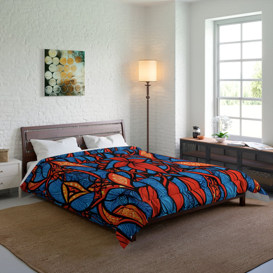 A modern bedroom with a wooden bed, white pillows, and a cozy comforter featuring stylish patterns in bold blue, orange, and yellow. White brick walls, daylight from the window, a floor lamp, wall art, and a woven rug complete the look.